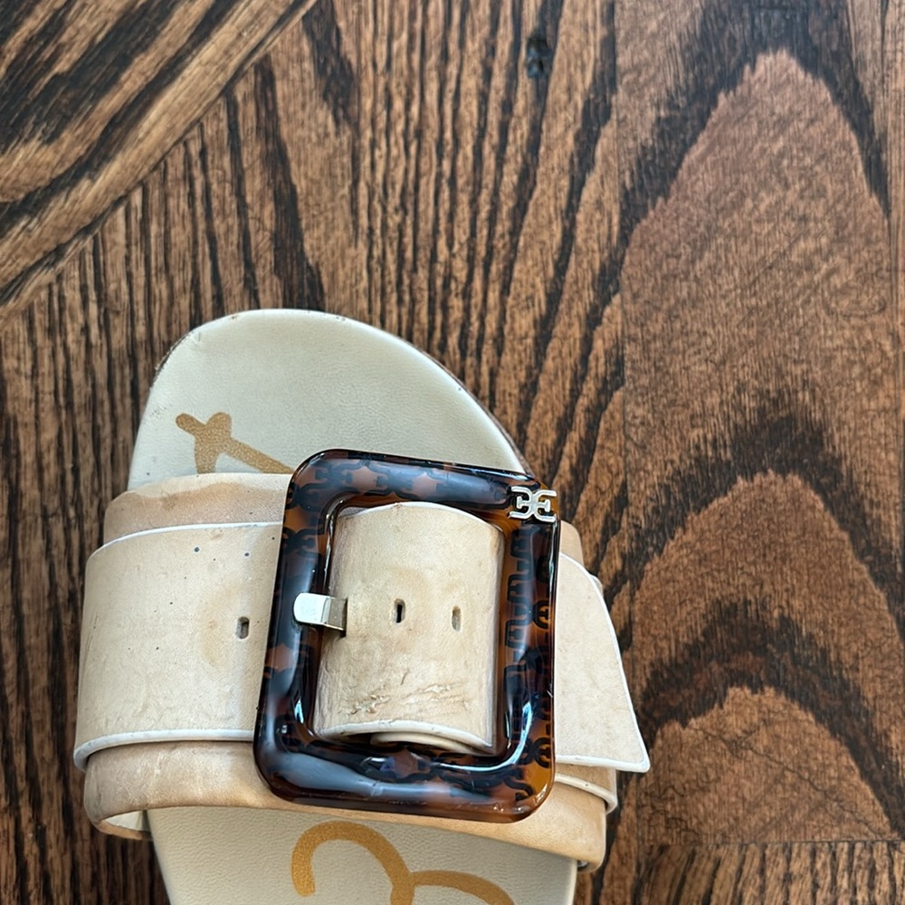 Sam Edelman Tan Cream Slide Sandals with Tortoise Buckle - Picture 9 of 11
